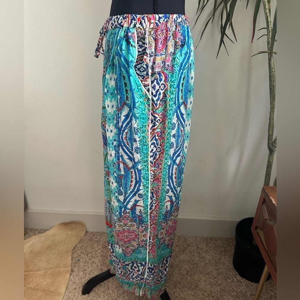 Printed silk BoHo vacation pant set beaded neckline blue floral paisley m/L - Picture 6 of 10
